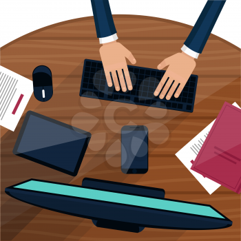 Business man working with laptop on table, top view. Flat design cartoon style