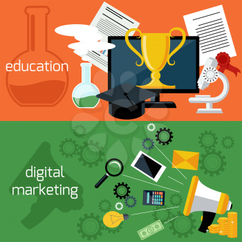 Flat design concept of online education, e- learning and digital marketing