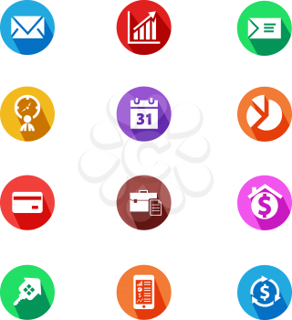 Set of 12 circle flat design icons for business, finance, management activities with long shadow on white background