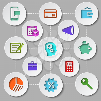 Set of flat design icons with brain gears inside head of businessman surrounded management and finance pictograms
