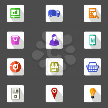 Set of 12 square flat design icons for marketing planning , analysis, e commerce, delivery, online shopping and customer support on grey background