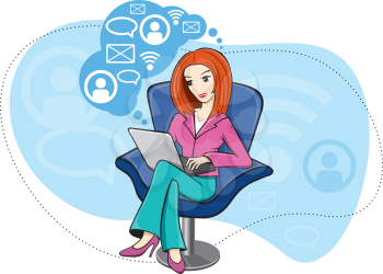 Young business woman girl sitting in chair and working on notebook and on social network cartoon design style