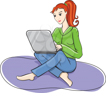 Happy woman girl sitting online on laptop computer cartoon design style