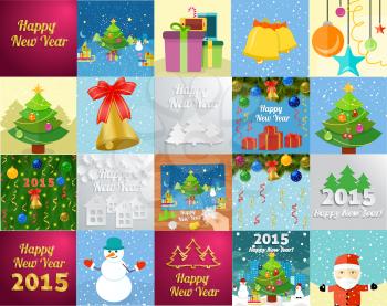 Set of snowflake and New Year greeting card with decorated christmas tree, snowmans and gifts against the background of glowing cards