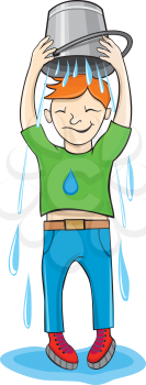 ALS Ice Bucket Challenge concept. Man pour bucket of ice topped their head cartoon design style