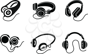 Icon set in black for multimedia devices with different types of headphone designs on white background