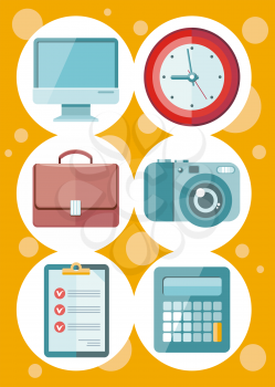 Set of 6 round icons for office and time management with digital devices and office objects on yellow dotted background