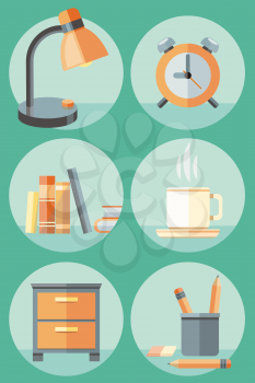 Set of 6 round icons of lamp, clock, books, cup of coffee, stationery and cupboard on green background