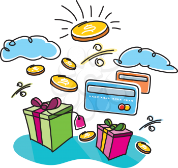 Boxes gifts shopping interest payment cards and coins with image of dollar cartoon design style. Internet shopping concept