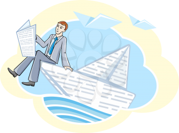 Busines man sitting in boat reading newspaper and sailing on river of information. Knowledge concept in cartoon style