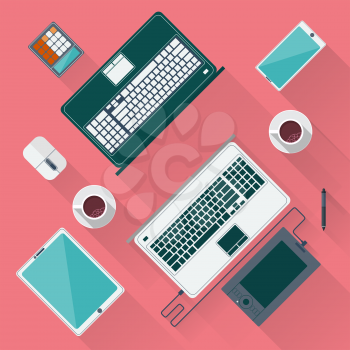 Office desk with laptop, notepad, tablet, smartphone and coffee cup top view background in flat design style