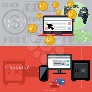 Flat design concept of e-banking and pay per click internet advertising