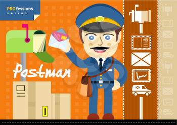 Profession series with moustached postman in uniform with bag and letter standing near mailbox