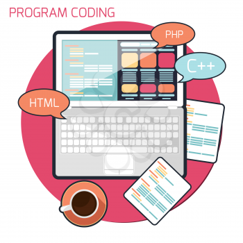 Flat design concept of program coding laptop