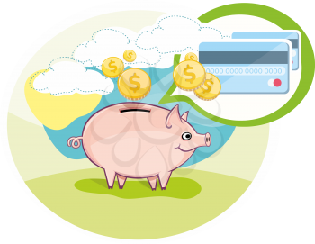 Card with pink piggy bank and coins in cartoon design style. Business concept