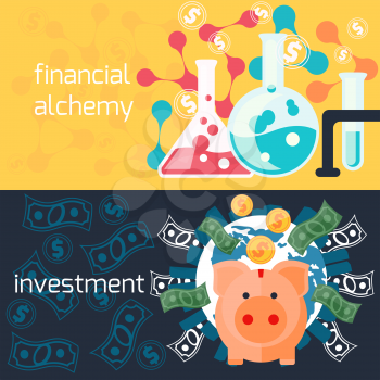 Concept of generating money in laboratory with alchemy experiments and global investment with piggy in flat design