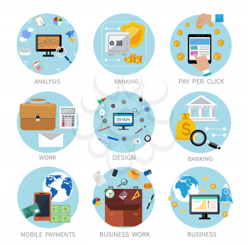 Icons set banners for business work, mobile payment, pay per click, banking, analysis in flat design
