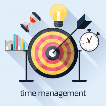 Flat design concept with target and arrow for time management, targeting, work planning and timing with long shadows
