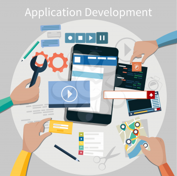 Concept for mobile application development, teamwork, brainstorm, cooperation with hands working on a smartphone navigation, screen interface, social media,  services