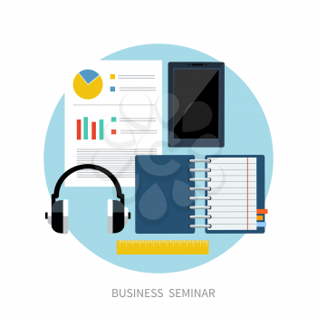 Business seminar. Online conference webinar and training on the web concept in flat style
