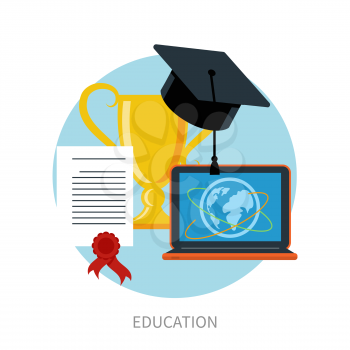 Concept for online education, e learning, and distance professional training with pointers on globe and education icons in flat design