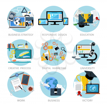 Icons set banners for business strategy, responsive design, education, creative process, digital marketing, university, victory in flat design