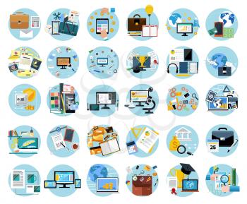 Icons set banners for business work, mobile payment, pay per click, brand design, creative process, banking, analysis in flat design