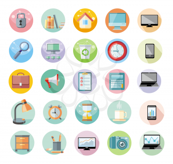 Set of round icons for office and time management with digital devices and office objects on white background