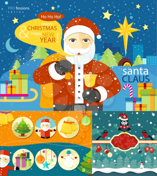 Happy Santa Claus profession. Santa Claus with bag of presents and bell near to sled in town. Christmas banners set and New Year icons bell gloves balls tree and snowman