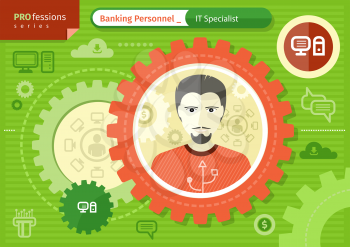 Profession series concept for banking personnel with young bearded man in sweater IT specialist in circle frame on green with computers pictograms background