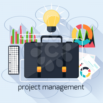 Business management flat illustration of management and marketing with case and others business concepts on blue background