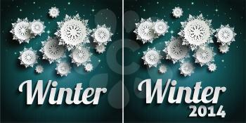 Falling snow background paper snowflakes over night dark sky with text winter