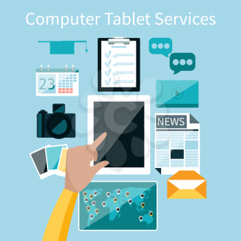 Computer tablet services and learning. Concepts for web banners and printed materials in flat design style