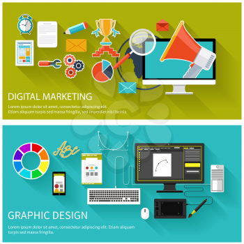 Digital marketing concept. Megaphone surrounded by media icons. Flat design megaphone with application icons. Design tools and software for responsive web design on desktop monitor, tablet and smartph