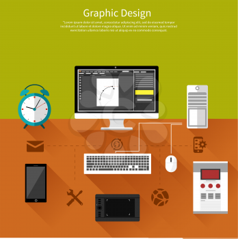 Concept for graphic design, designer tools and software in flat design with computer surrounded designer equipment and instruments
