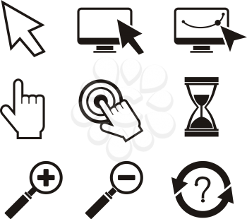 Set of different mouse cursors hand cursor hourglass. Black icons on white background