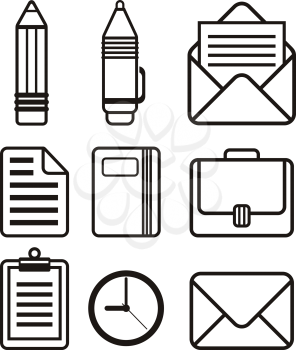 Office icons such as pencil, pen, letter, briefcase, clipboard, watch in black color on white background