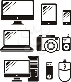 Icon set in black of digital gadgets with camera, smartphone, digital tablet, laptop, desktop computer isolated on white background