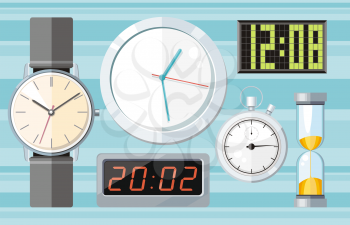 Set of colorful flat design clocks icons on stylish background