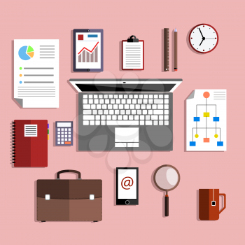 Flat design style modern illustration icons set of office various objects and equipment for work and analysis on rose background