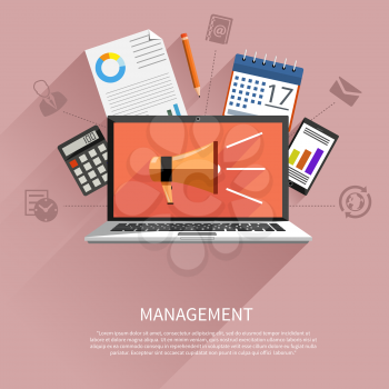 Modern flat icons management objects, business and office items on stylish background. Laptop with megaphone on screen