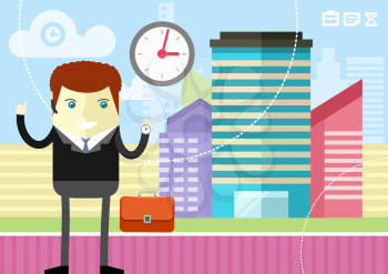 Happy businessman showing clock on city  background flat design style