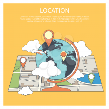 Location concept. World map infographic in flat design style. Globe with pointers on map