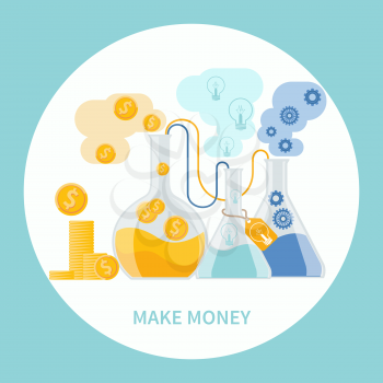 Make money concept. Business concept of alchemy experiment for generating money and ideas with laboratory equipments in flat design