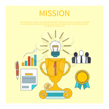 Mission concept with item icons in flat design. Winner in business start up