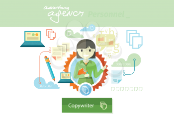 Advertising copywriter expert of marketing profession series. Woman holding a clipboard and pen with item icons in flat design