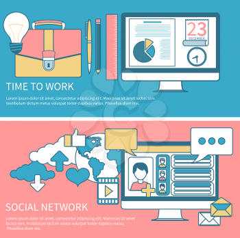 Social networks. Cloud of application icons. Set for web and mobile applications of social media. Business concept in flat design for time to work and work process