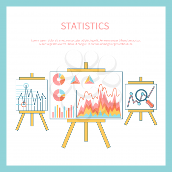Stand with charts graphs and parameters. Statistic business concept of analytics
