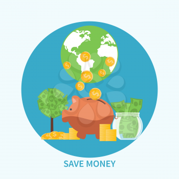 Piggy bank and coins on background with globe, saving money concept in flat design