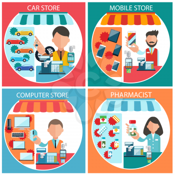 Flat design concept of car, mobile, pharmacist and computer store wit item icons on four multicolor banners
